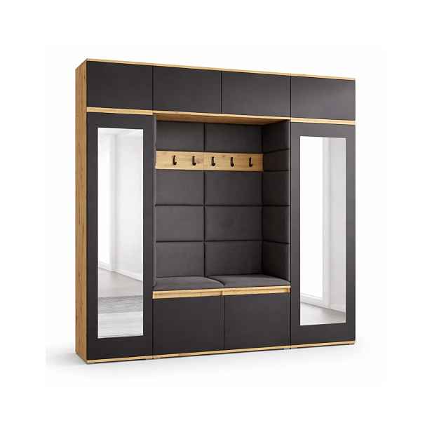 Sestava nábytku do předsíně Emi 32 se zrcadly a čalouněnými panely – barva dub artisan/černá