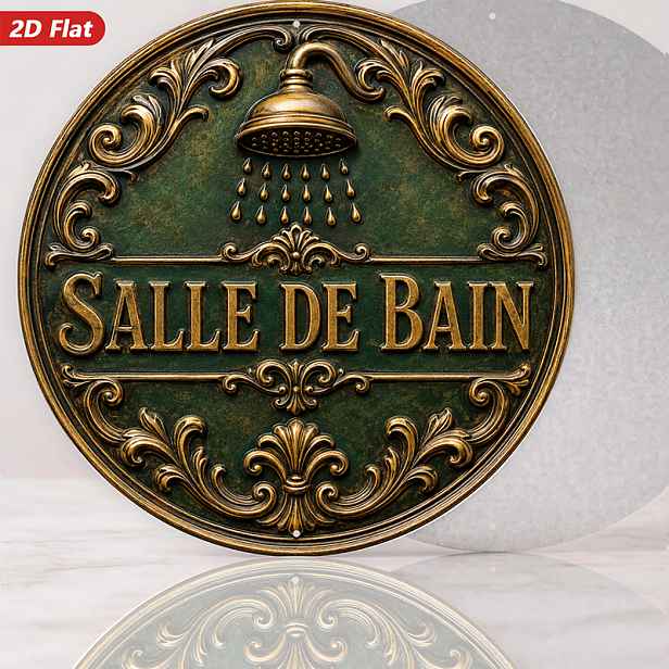 TEMU 2D plochá, 1ks Vintage koupelnová cedule Kulatá kovová cedule Nástěnné umění, Salle De Bain, Vintage zlaté písmo, Ozdobný motiv sprchy, Domácí