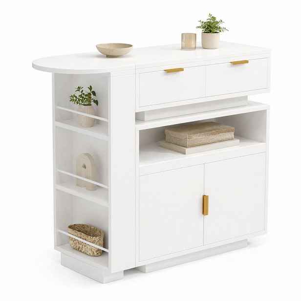 STILVORA BAROVÝ STŮL bílý, rozkládací, úložný prostor, LED osvětlení, otočný o 360°, 115–183×40×99 cm