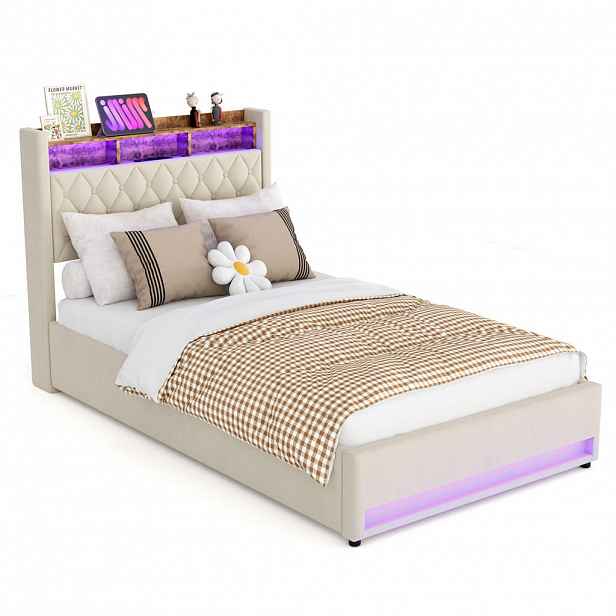 Modfu POLŠTÁŘOVÉ lůžko ze sametu 140x200 cm béžové s úložným čelem a LED světelným páskem