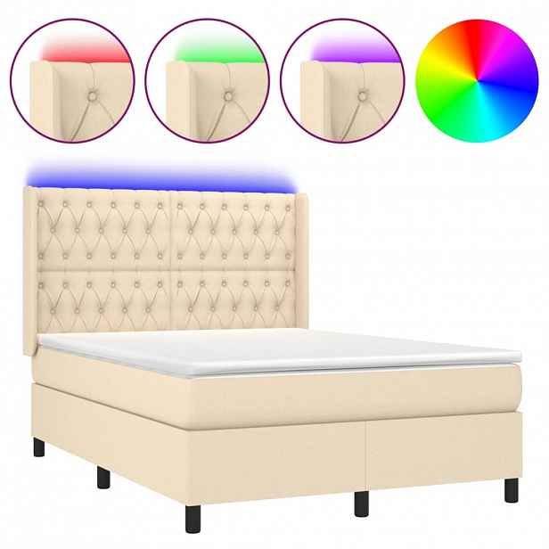 vidaXL Box spring postel s matrací a LED krémová 140x200 cm textil