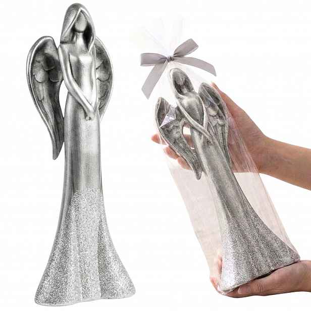 Dekorativní anděl Stříbrný se třpytkami keramický Figurka Ozdoba Dárek 43 cm