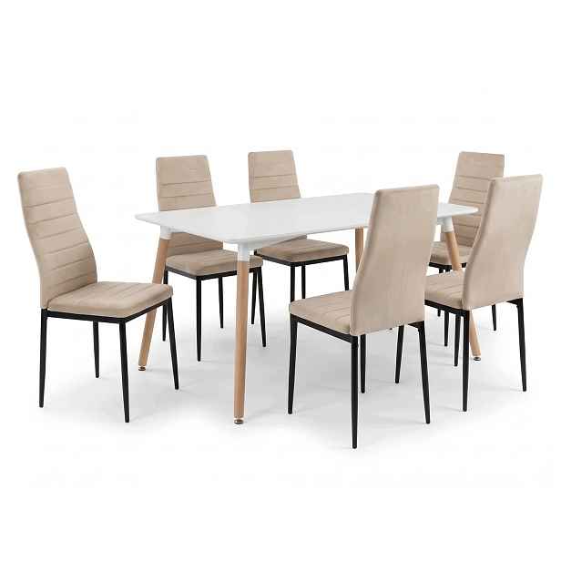 Jídelní stůl 120x80 cm bílý s bukovými nohami 6 béžových sametových židlí Axell