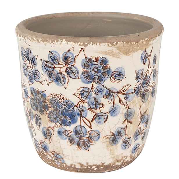 Keramický obal na květináč s modrými květy Blusia XS - Ø 11*10 cm Clayre & Eef