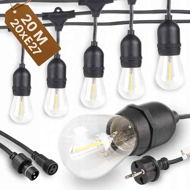 Zahradní Světelná Girlanda 20 m 20 x Led Žárovka E27 Vodotěsný Kabel 230