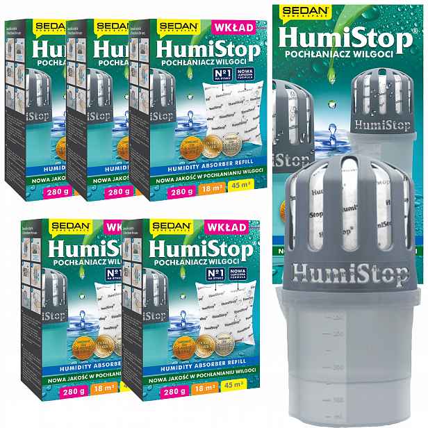 Pohlcovač vlhkosti Humistop – 1 x zařízení 5 x náhradní náplň Humistop 280 g