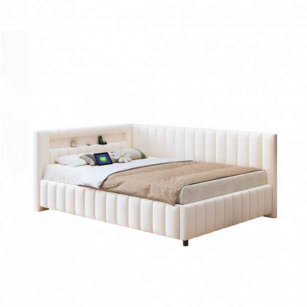 Redom POSTEL 140x200 cm s LED osvětlením, USB portem a opěrkou zad, Samet, Béžová