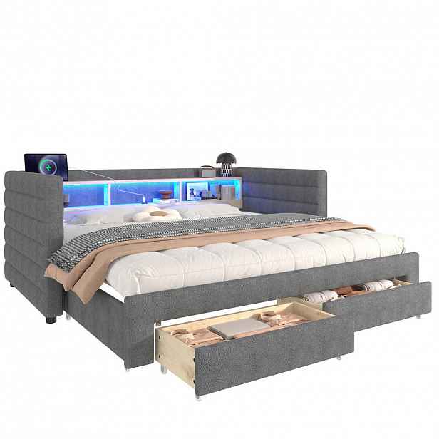 Redom ČALOUNĚNÁ postel 90/190 cm s LED osvětlením, USB a USB-C porty, dvěma zásuvkami a úložným prostorem, Samet, Šedá