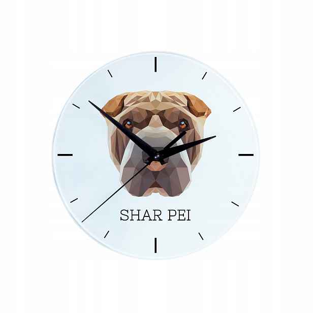 Shar Pei skleněné závěsné nástěnné hodiny s geometrickým psem