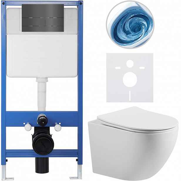 Kompletní WC set Profi/Cesso - bílá lesklá - WC tlačítko Line. tmavě šedá - předstěnová instalace - 49x36 cm