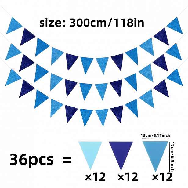TEMU Sada 36 ks modrých trojúhelníkových vlaječek, 300 cm/118 palců modré praporky, DIY kombinační sada závěsných vlajek, opakovaně použitelné
