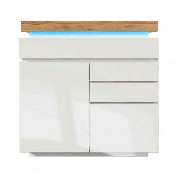 Modfu KOMODA z dřevotřísky 110x115x39 cm bílá s LED osvětlením, 2 dvířky, 3 zásuvkami a nastavitelnými policemi