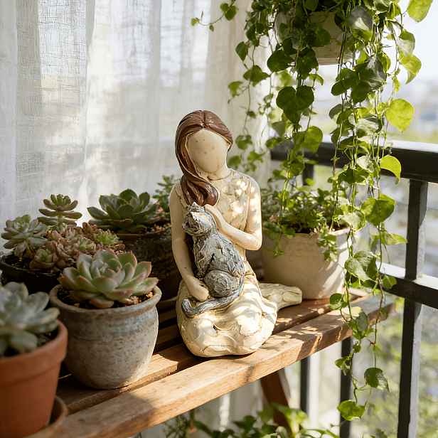 TEMU 1ks Sběratelská figurka: Roztomilá dívka s kočkou, soška jako ozdoba, moderní minimalistická stolní soška - Elegantní ženská postava s kočkou,