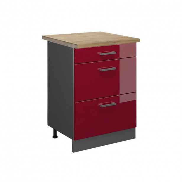 Vicco SPODNÍ SKŘÍŇKA KUCHYŇSKÉ LINKY R-Line Červená vysoký lesk 60 cm se zásuvkami, PD Dub