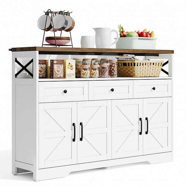 Modfu PŘÍBORNÍK z MDF 140x35x95 cm bílá/hnědá se 3 zásuvkami a 2 skříňkami, rustikální styl