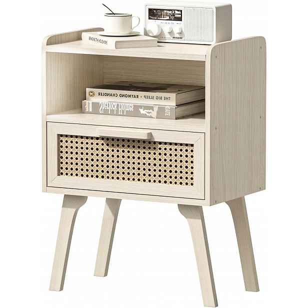 Noční stolek Rattan Šedý Dřevěný Noční Stolek Rattan Boho 40x30