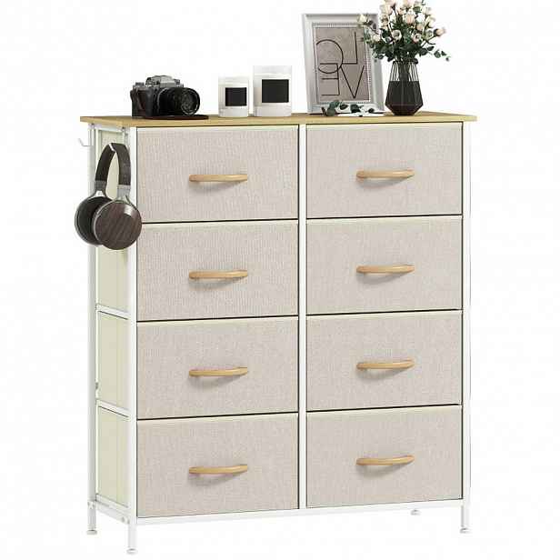 Modfu KOMODA z oceli 86x30x94,5 cm béžová s 8 textilními zásuvkami, 4 kapsami a 2 háčky