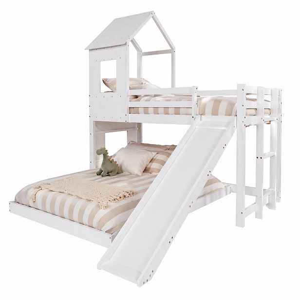 STILVORA PALANDA 90/200 cm & 140/200 cm, bílá, domečková, se skluzavkou a schody, borovice a MDF