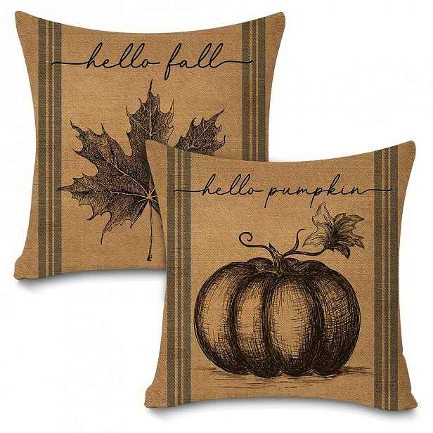 TEMU 2ks Podzimní Potahy na Polštáře - Modrý Pruh & Design Hello Pumpkin, Jutové Látkové Pouzdra na Polštáře pro Podzimní Dekoraci Díkůvzdání, Zipové