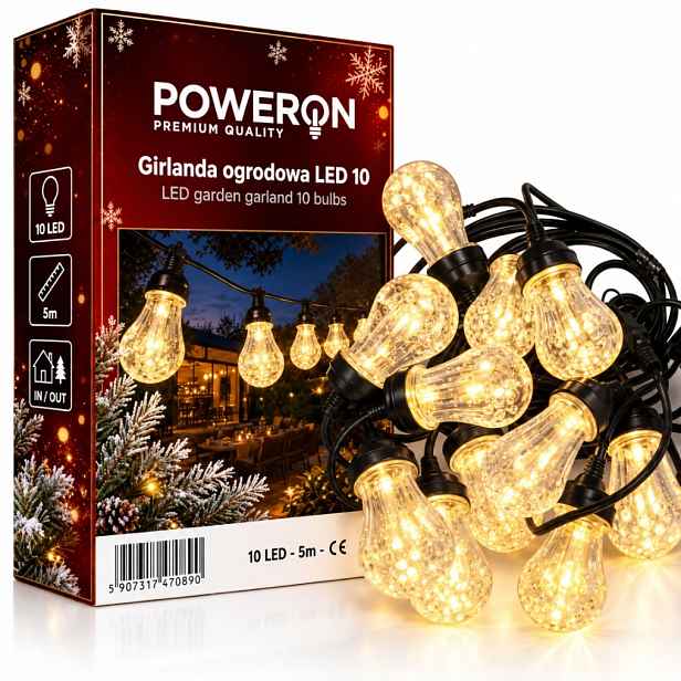 Led Světelná Zahradní Girlanda 5 M 10 Žárovek Vodotěsný Kabel IP44