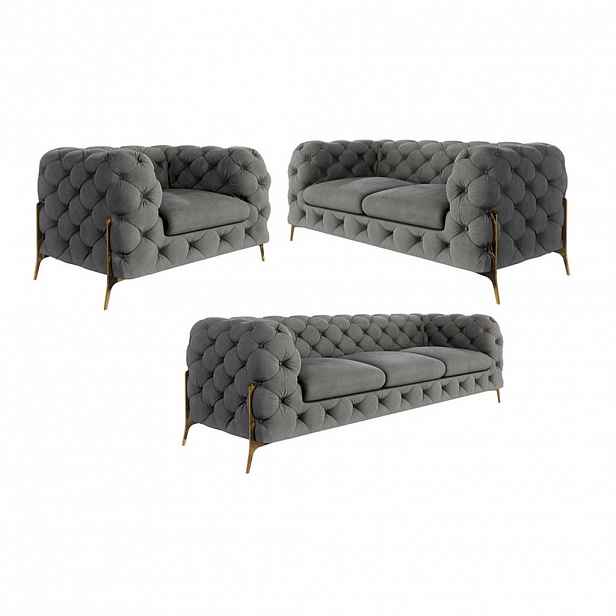 S-Style CHESTERFIELD SEDACÍ SOUPRAVA 3+2+1 Lexi v šedé se zlatými nohami