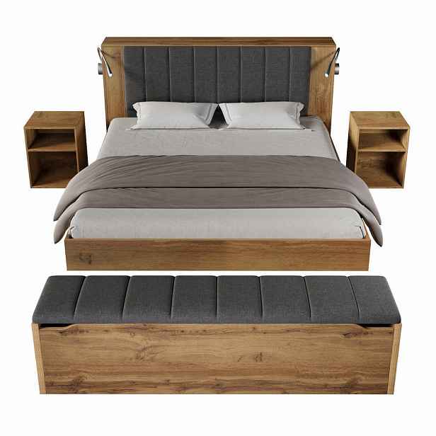 Redom POSTEL 180/200 cm s integrovanými čtecími lampami, USB portem, úložným prostorem a nočními stolky, dub