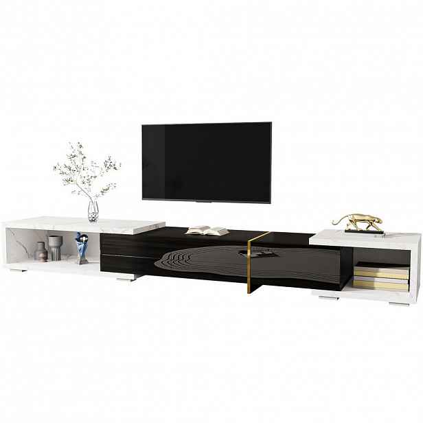 Modfu TV stolek z MDF a dřevotřísky 260x40x30 cm černý/bílý mramor otočný a rozkládací s velkým úložným prostorem