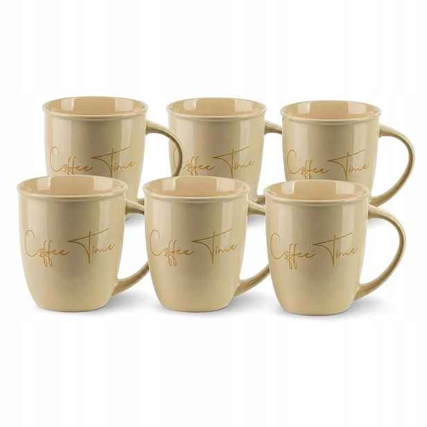 Šálky s nápisem Coffee Time Sada 6 ks Porcelán 330 ml Světle béžové