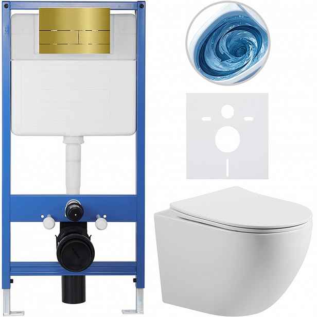 Kompletní WC set Profi/Cesso - bílá lesklá - WC tlačítko Line. zlatá - předstěnová instalace - 49x36 cm