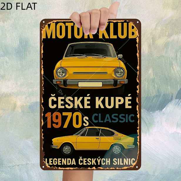 TEMU 2D Plochá, 1 ks, Vintage Česká Klasická Auta: Legenda Českých Silnic – 1970s Motor Kovová Železná Cedule, Předvrtané Otvory, Dekorace na Zeď do