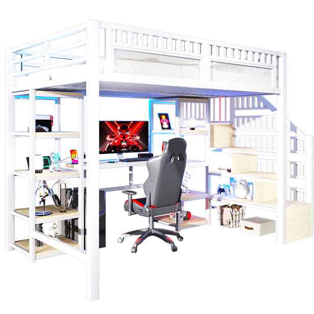 Modenvie VYSOKÁ postel 140/200 cm z kovu a MDF, bílá, s psacím stolem, LED a USB