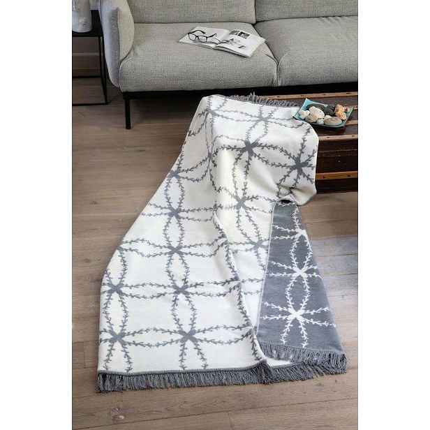 Akrylová bavlněná deka 150x200 1713/1 květy šedá krémová přehoz
