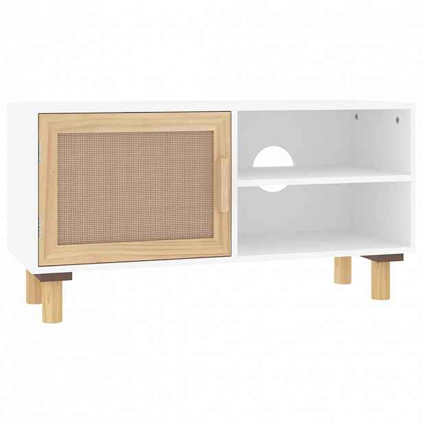 vidaXL TV stolek bílá 80x30x40 cm masivní borovice a přírodní ratan