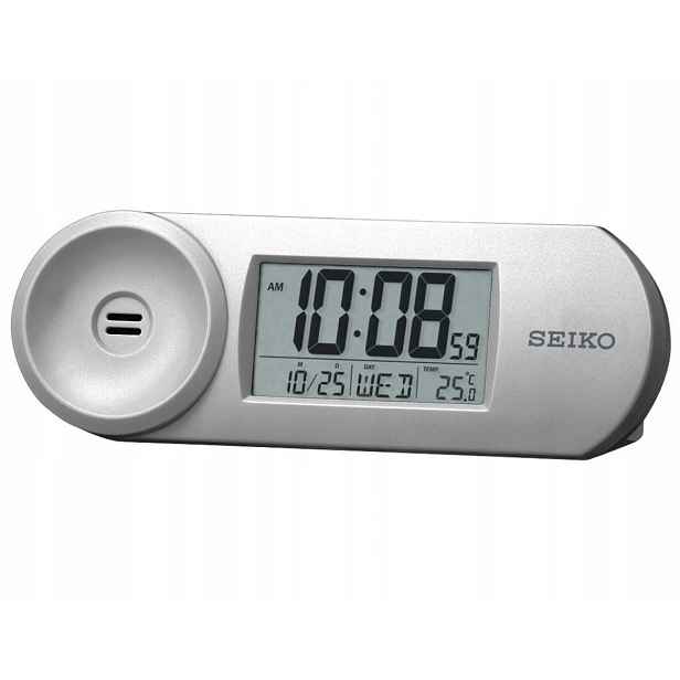 Stříbrný Stolní Podsvícený Budík Seiko QHL067S S Teploměrem