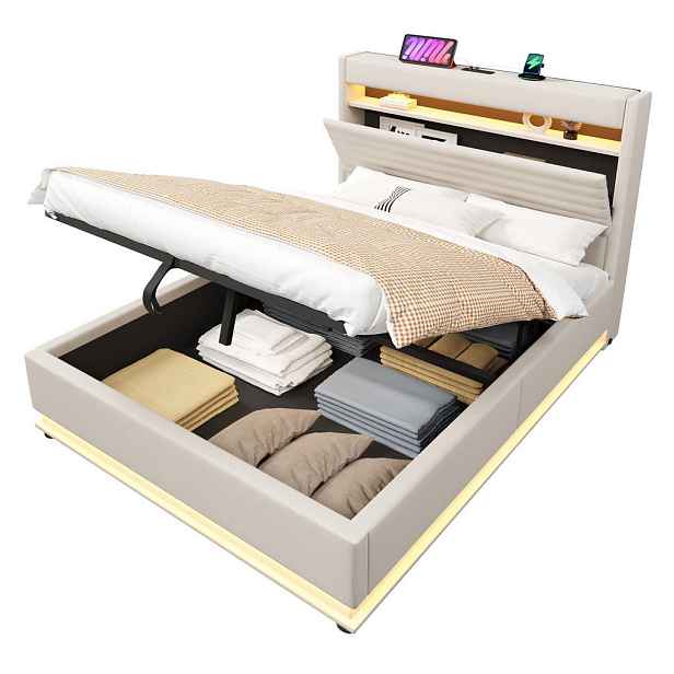 Redom ČALOUNĚNÁ postel 140/200 cm s LED osvětlením, USB a USB-C, hydraulickým úložným prostorem, lněná, Béžová