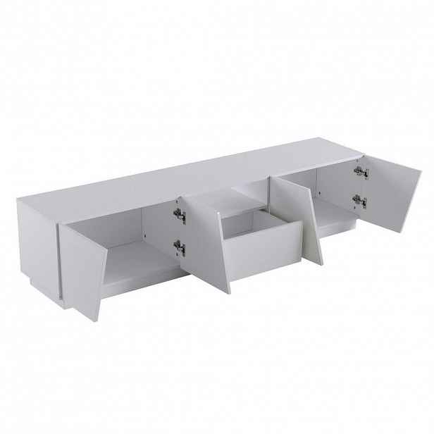 Modfu TV stolek z MDF 170x42x37 cm bílý se 4 dvířky a 2 otevřenými přihrádkami, bez úchytek, s členěným designem