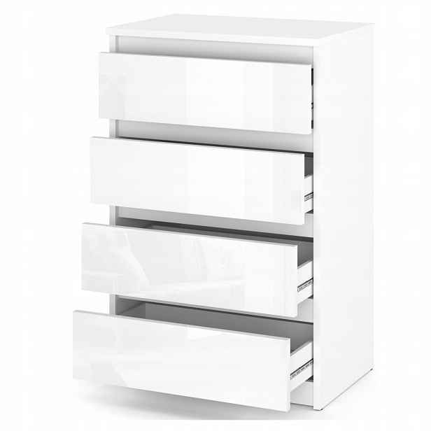 Komoda Bílá Lesk Se 4 Zásuvkami 60 CM Moderní Vysoká Skříňka Do Obývacího Pokoje