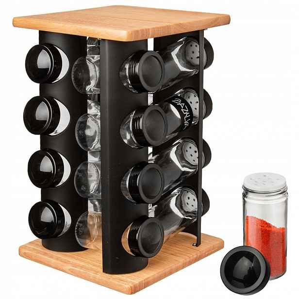 Stojan na koření, otočné nádoby, kořenka, kuchyňská polička, černá barva