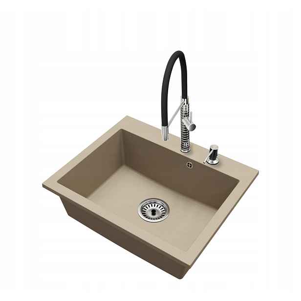 Granitový dřez Jednokomorový Elite 60 Baterie Dávkovač Sifon Chrom