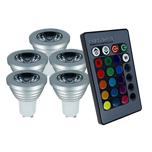 Sada 5KS Led Žárovek GU10 3W Ovládaná Dálkovým Ovladačem