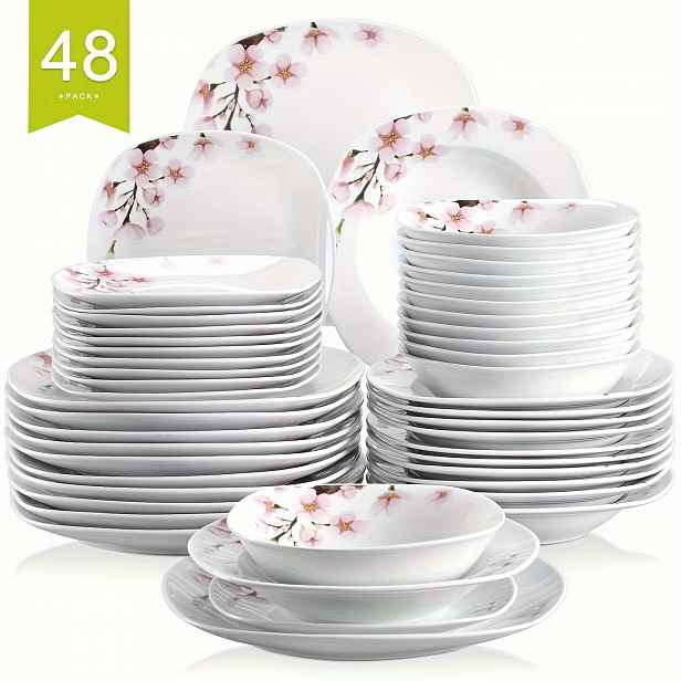 TEMU 48dílná jídelní souprava porcelánová slonovinově bílá s růžovým květinovým vzorem, nádobí, talíř, miska, služební sada pro 12 osob