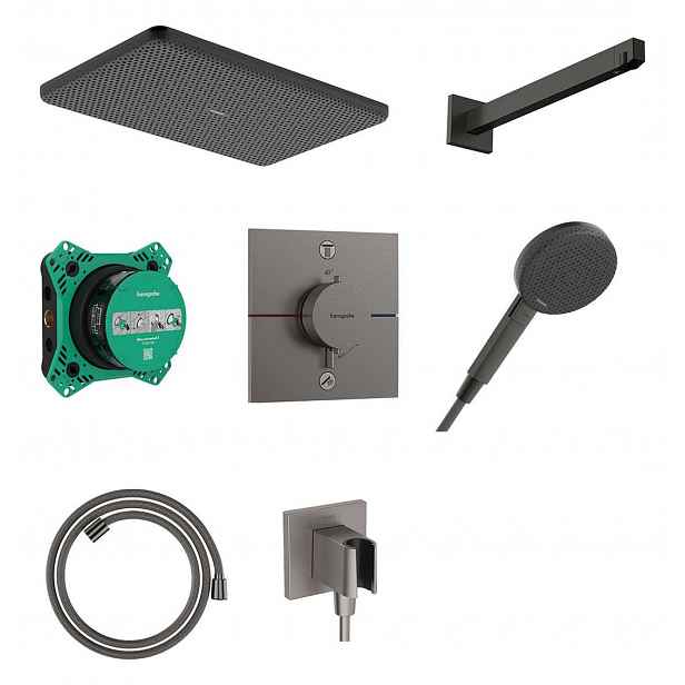 Hansgrohe Raindance Alive Q - Sprchový set s termostatem pod omítku, s tělesem, 21x34 cm, 3 proudy, kartáčovaný černý chrom 24620340