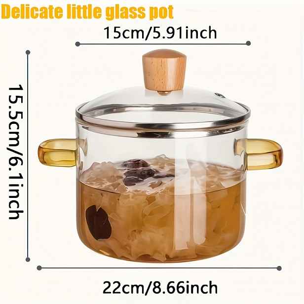 TEMU Skleněná hrnec s víkem 1.6L s dvojitou rukojetí, průhledný hrnec do mikrovlnky, žáruvzdorný skleněný hrnec na vaření polévky, mléka, kaše se