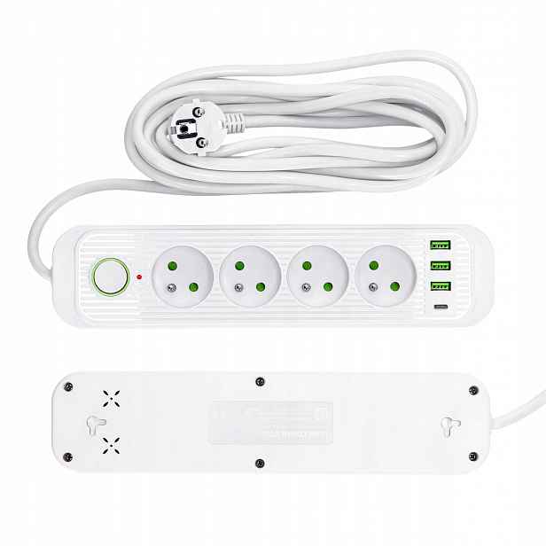 Lišta Prodlužovací Kabel 4 zásuvky 5 m Uzemnění 3xUSB-A 1xUSB-C Vypínač