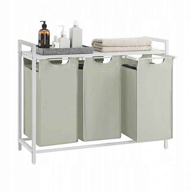 Bílo-šedý koš na prádlo 3 přihrádky x 38L s deskou