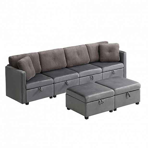 Modfu MODULÁRNÍ pohovka ze sametu a manšestru 261x132,5 cm starožitná šedá s úložným prostorem, 6 moduly a variabilním uspořádáním