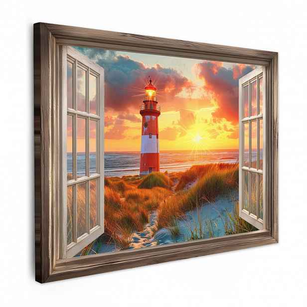 MuchoWow OBRAZ NA PLÁTNĚ Pohled - okno - maják - západ slunce - pláž 40x30 cm