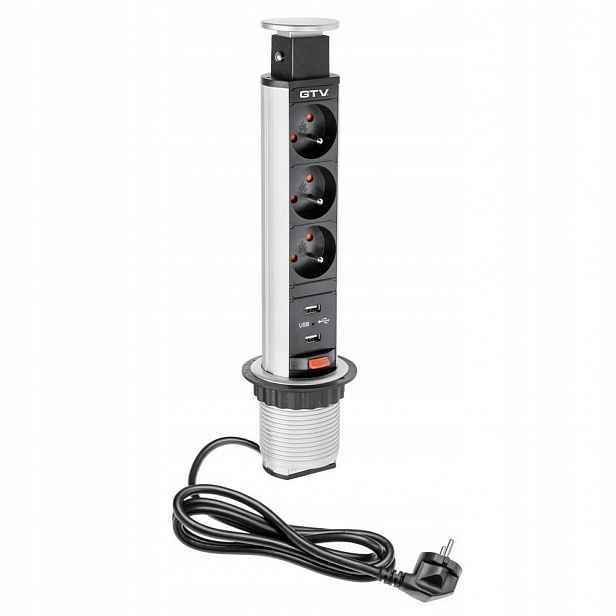 Zásuvky zapuštěné do pracovní desky 60MM 3x230V, 2xUSB 2,1A 5V AE-BPW3.60U stříbrná