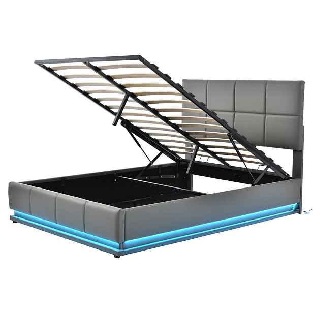 FLIEKS ČALOUNĚNÁ POSTEL 140x200cm LED Úložná Eko Kůže Šedá
