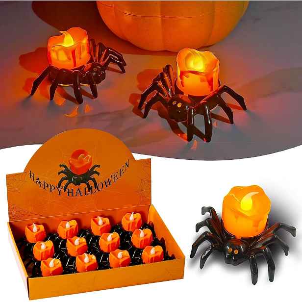 Halloweenské dýňové svíčky, 12 kusů Led svíček, světlo ve tvaru pavouka